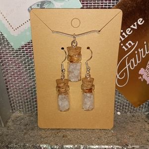 Glass bottle Rose Quartz crystal jewelry set
